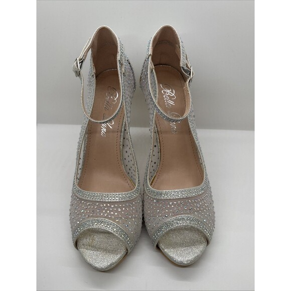 Bella Luna Silver Mesh Jeweled Heel Stiletto narrow Open Toe Shoes Size 7.5 - Picture 4 of 13